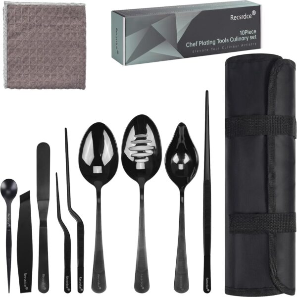 9-Piece Professional Culinary Plating Set, Black Stainless Steel Chef Plating Tools with Storage Roll & Cleaning Cloth for Food Presentation