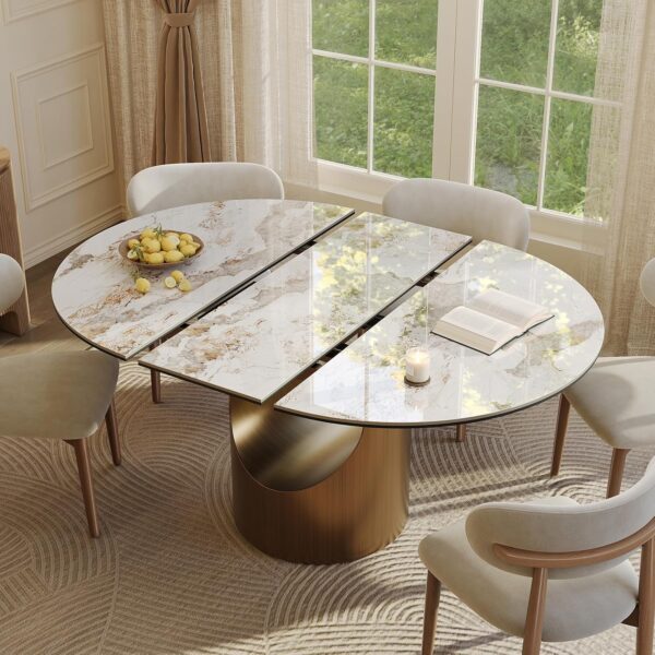 POVISON Modern Extendable Dining Table for 4-6, 47" to 63" Round to Oval Sintered Stone Kitchen Table with Carbon Steel Base, Mid-Century Dinner Tables for Dining Room, Pandora（Table Only）
