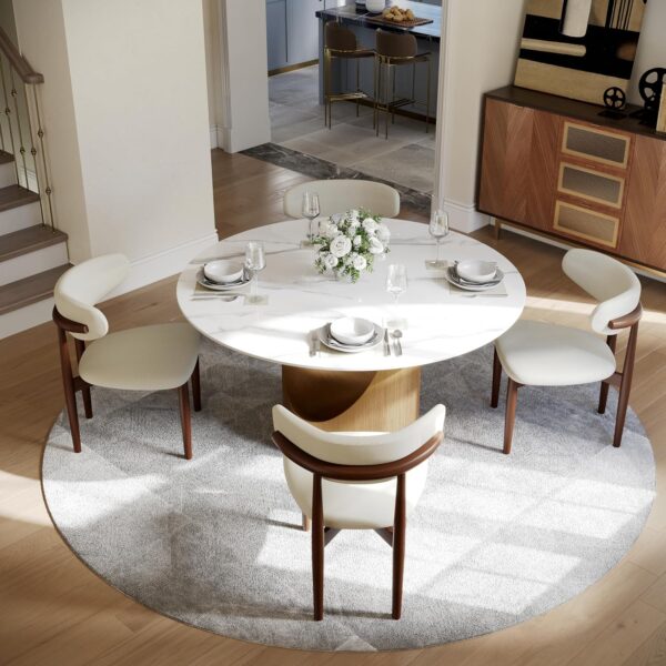 POVISON Round Dining Table for 4, 51" Glossy White Sintered Stone Top Dining Table with Bronze Carbon Steel Pedestal, Modern Dining Room Table for Kitchen, Living Room (Table Only)