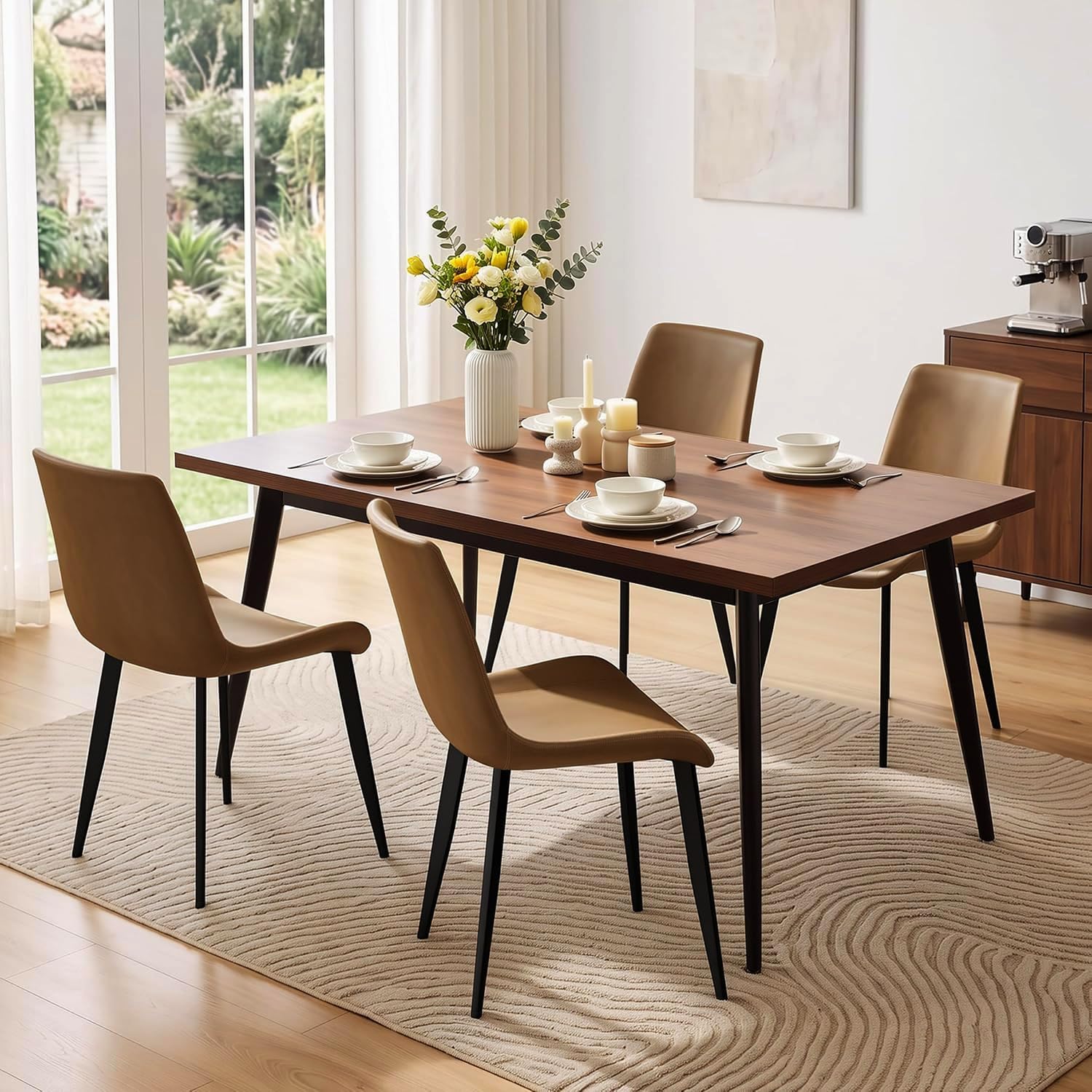 Modern Dining Chairs Set of 4, PU Leather Dining Room Chairs, Upholstered Kitchen Chairs with Ergonomic Backrest & Sturdy Metal Legs, Perfect for Dining Room, Living Room, Brown