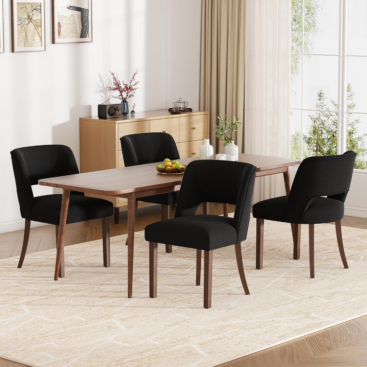 Dining Chairs Set of 4,Modern Dining Room Chairs with Thick Cushions,Linen Upholstered Kitchen Dining Chairs with Wood Legs for Kitchen Dining Room Living Room,Black