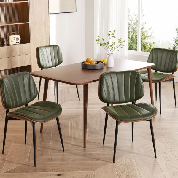 Dining Chairs Set of 4, Mid Century Modern Dining Room Chairs, Upholstered Faux Leather Kitchen Chairs with Walnut Bentwood Back and Metal Legs, Green