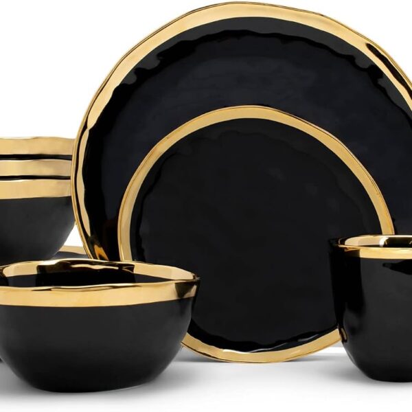 Elanze Designs 16-Piece Metallic Bubble Porcelain Ceramic Plates Bowls Mugs Dinnerware Set - Service for 4, Black With Gold Accents