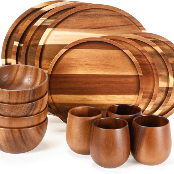 12 Pcs Acacia Wood Dinnerware Set for 4