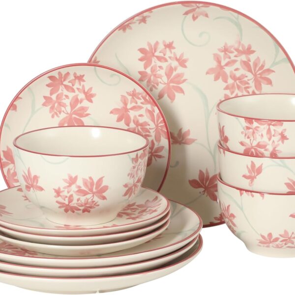 Gibson Home Admiral Hall 12-Piece Matte Stoneware Dinnerware Set – Dinner Plates, Salad Plates & Bowls with Pink Floral Pattern, Durable Everyday Dish Set, Microwave & Dishwasher Safe