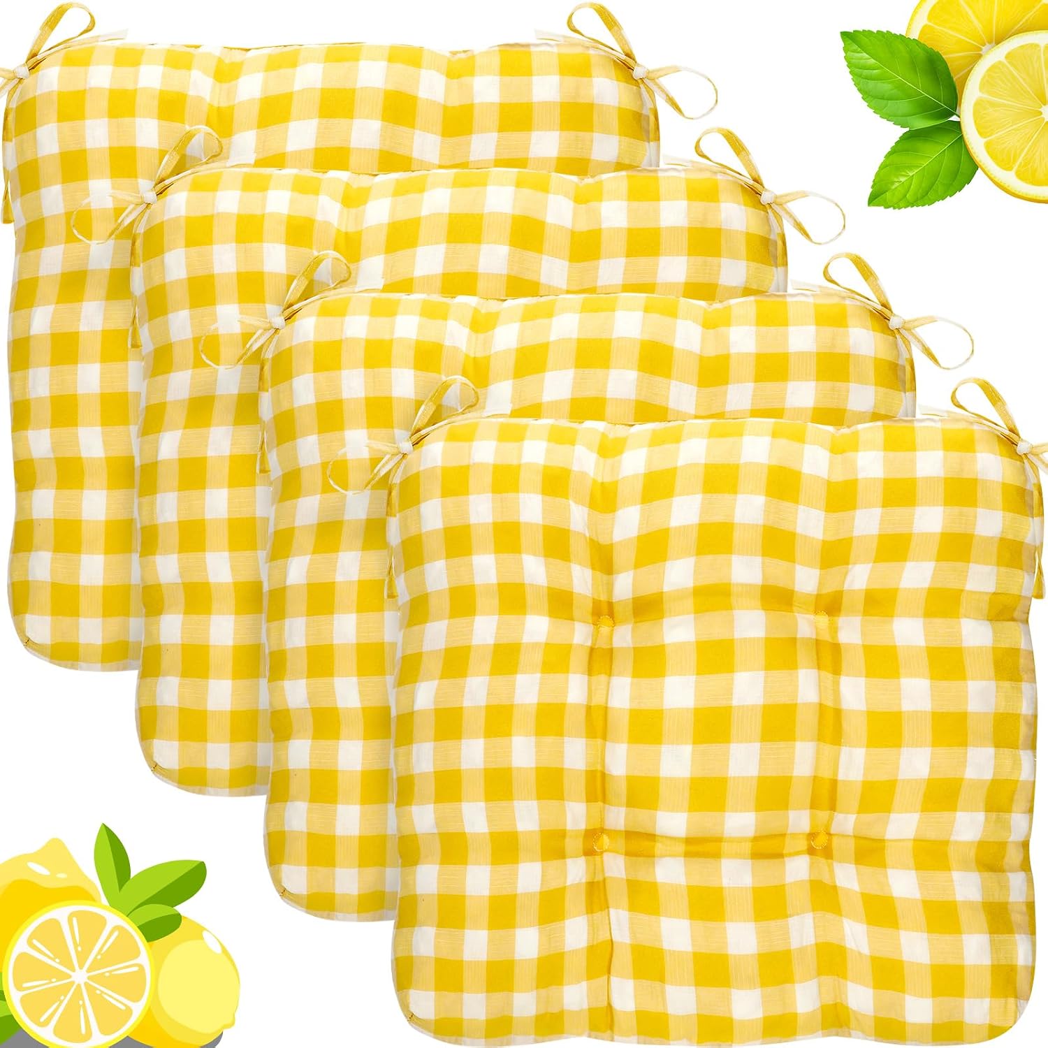 Geetery 4 Pack Chair Cushions, 16" x 15",Yellow and White,Plaid