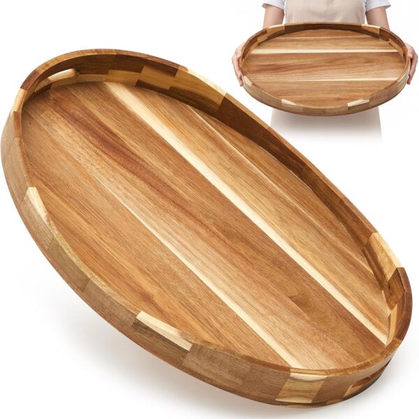 Extra Large Acacia Wood Oval Ottoman Tray with Handles,22" X 17"
