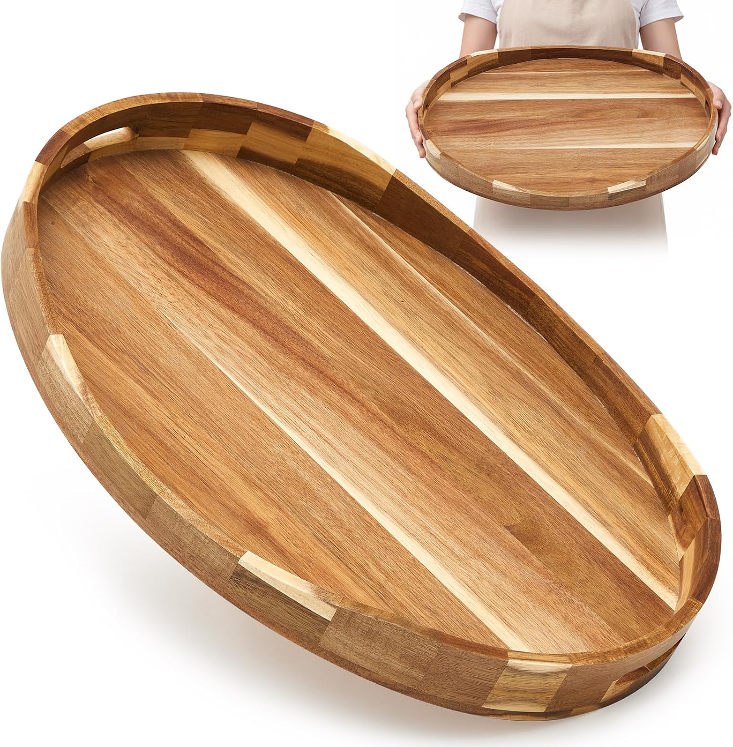 Extra Large Acacia Wood Oval Ottoman Tray with Handles,22" X 17"