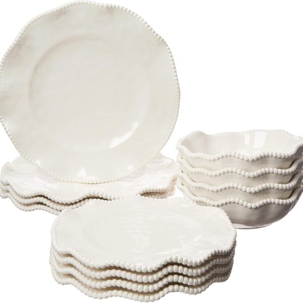 Perlette Off-White Beaded 12-Piece Dinnerware Set – Includes 4 Dinner Plates, 4 Salad Plates, 4 Bowls (7.5" x 2", 22 oz) – Elegant Unbreakable Melamine, Heavyweight, Perfect for Indoor/Outdoor Dining