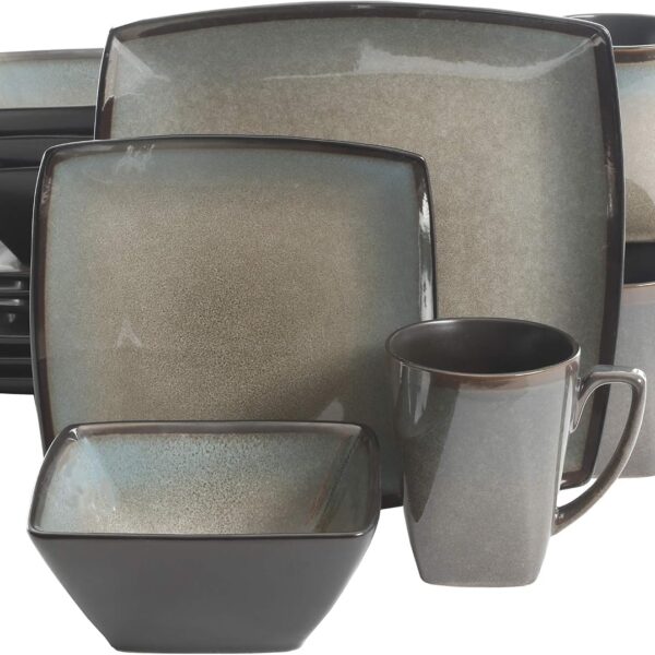 Gibson Elite Tequesta Square Reactive Glaze Stoneware Plates and Bowls Dishes Dinnerware Set, Service for 4 (16pcs), Taupe