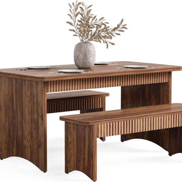 LITTLE TREE 55" Dining Table with 2 Benches, Dining Table Set for 4-6 People, Farmhouse Kitchen Table with Bench, Dining Room Table Set