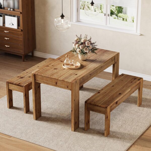 LITTLE TREE 55" Dining Table with Benches,Solid Wood Dining Table Set for 4