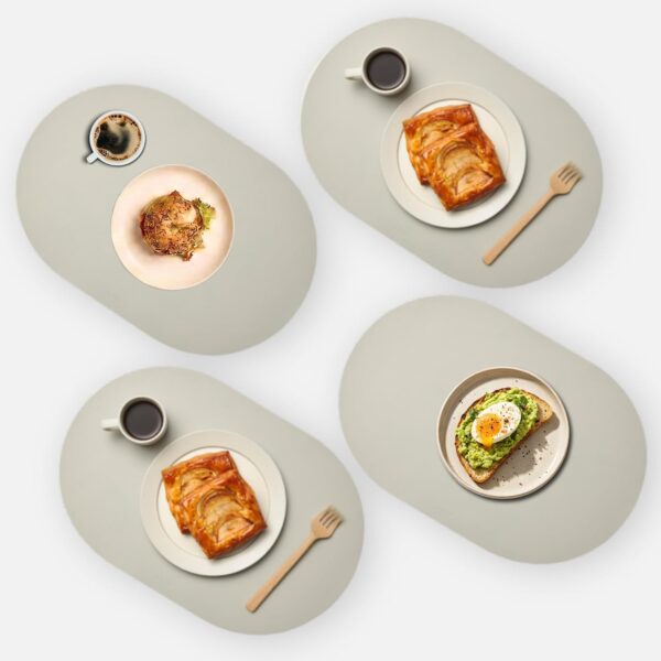 Oval Silicone Placemats – Heat Resistant, Waterproof, Easy to Clean Non-Slip Modern Dining Table Mats – Premium Leather Textured Japandi Kitchen Decor, Chifon Beige, 4, Without Coasters