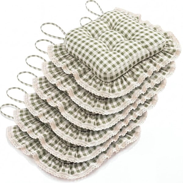 SiliFine 6 Pcs Ruffled Chair Cushions, Seat Pads with Ties, Gingham Pine