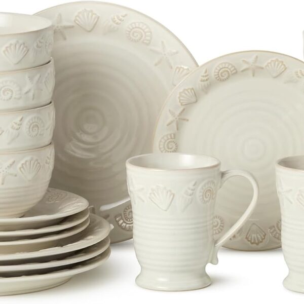 Coastline Cream 16-Piece Stoneware DINNERWARE SET,SERVICE for 4 with embossed coastal shells and starfish detailing, durable beach house tableware for relaxed coastal living and everyday dining