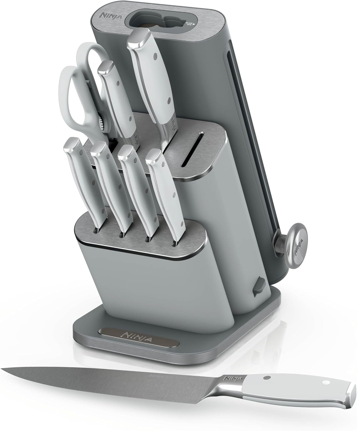Ninja NeverDull 10-piece knife set with sharpener featuring a light grey storage block