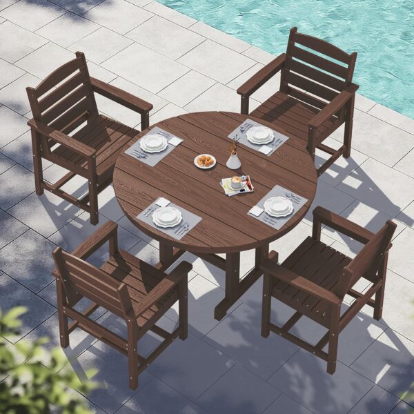 SERWALL 5-Piece HDPE Round Dining Set, 45" Table, 4 Chairs, Coffee