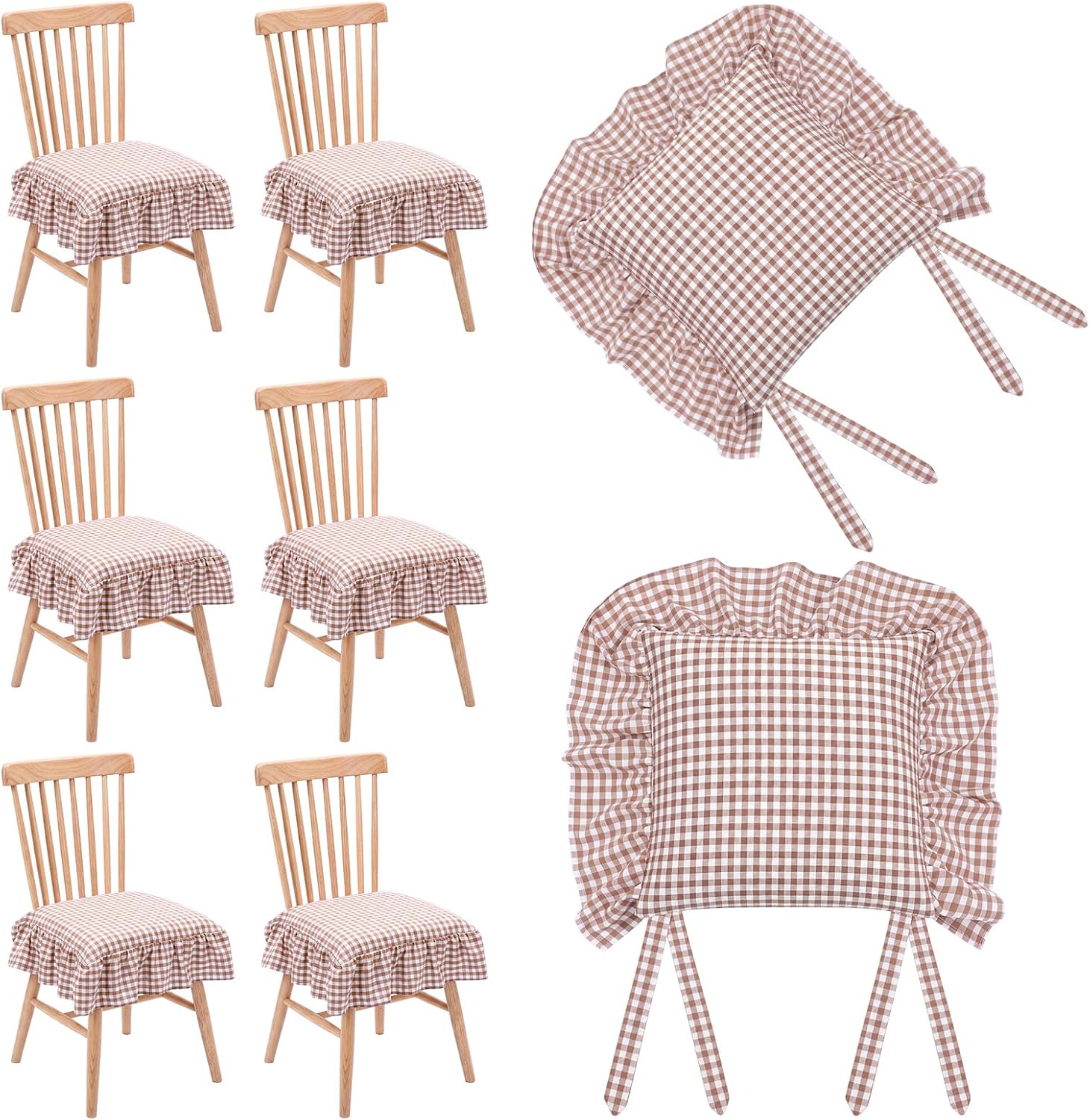 Irenare 6pcs Gingham Ruffle Chair Cushion Covers Farmhouse French Plaid