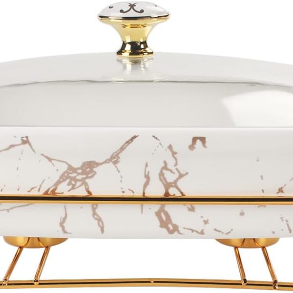 13" x 9" Ceramic Casserole Dish with Glass Lid and rack, 2.2 Quart Serving Soup Tureen,Chafing Dish for Buffet, Family Food preserve Tray, Catering Casserole for Party Style
