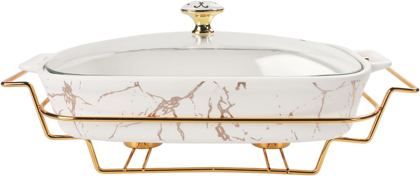 13" x 9" Ceramic Casserole Dish with Glass Lid and rack, 2.2 Quart Serving Soup Tureen,Chafing Dish for Buffet, Family Food preserve Tray, Catering Casserole for Party Style