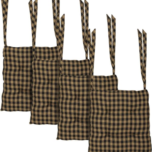VHC Brands 14"x14" Chair Cushion for Small Dining Chairs with Ties, Black Check Plaid, Primitive Farmhouse Indoor Kitchen Seat Cushion, Set of 4