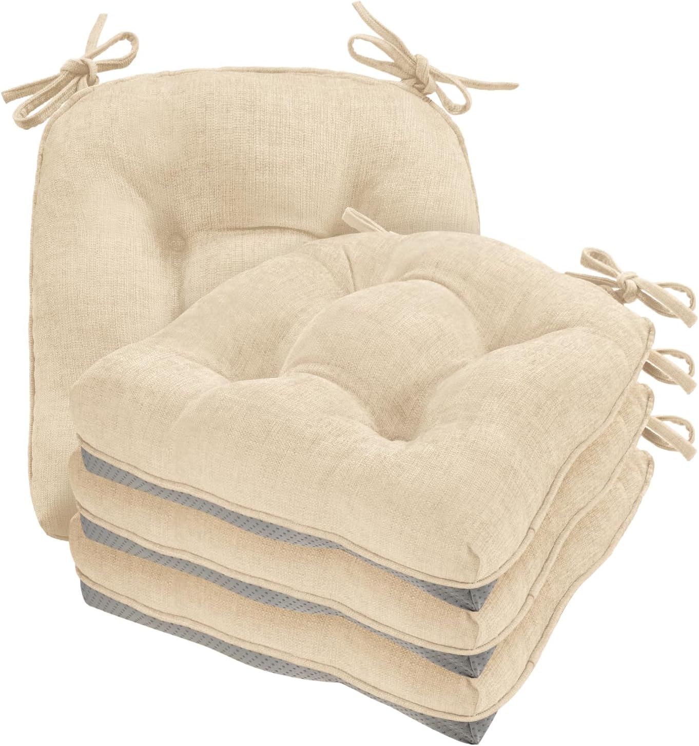 Cozyide Chair Cushions for Dining Chairs, 17" x 17" Non-Slip Kitchen Chair Pads with Adjustable Ties, Indoor Chair Cushions for Dining Room, Ivory (Pack of 4)