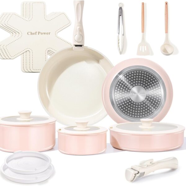 Chef Power 19-Piece Detachable Handle Cookware Set (Pink)