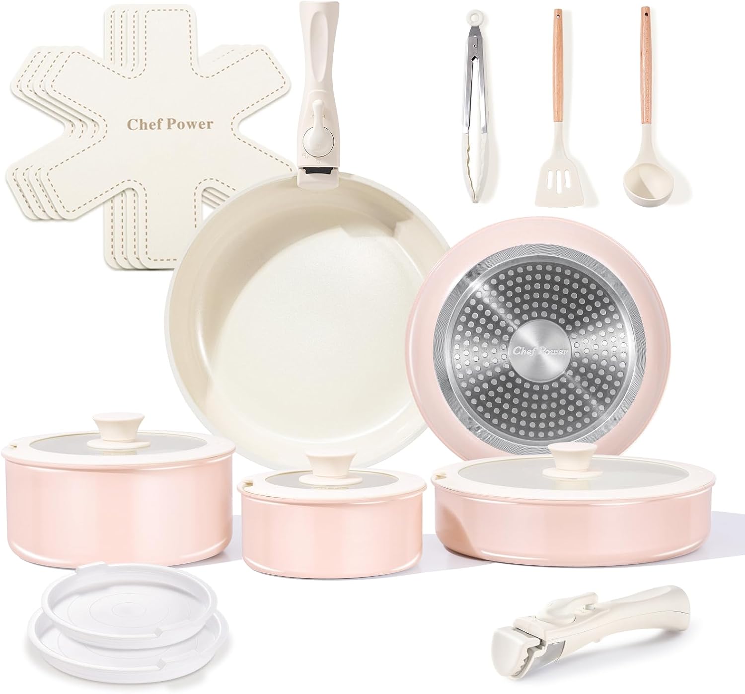Chef Power 19-piece ceramic detachable handle cookware set in a stylish light pink finish.