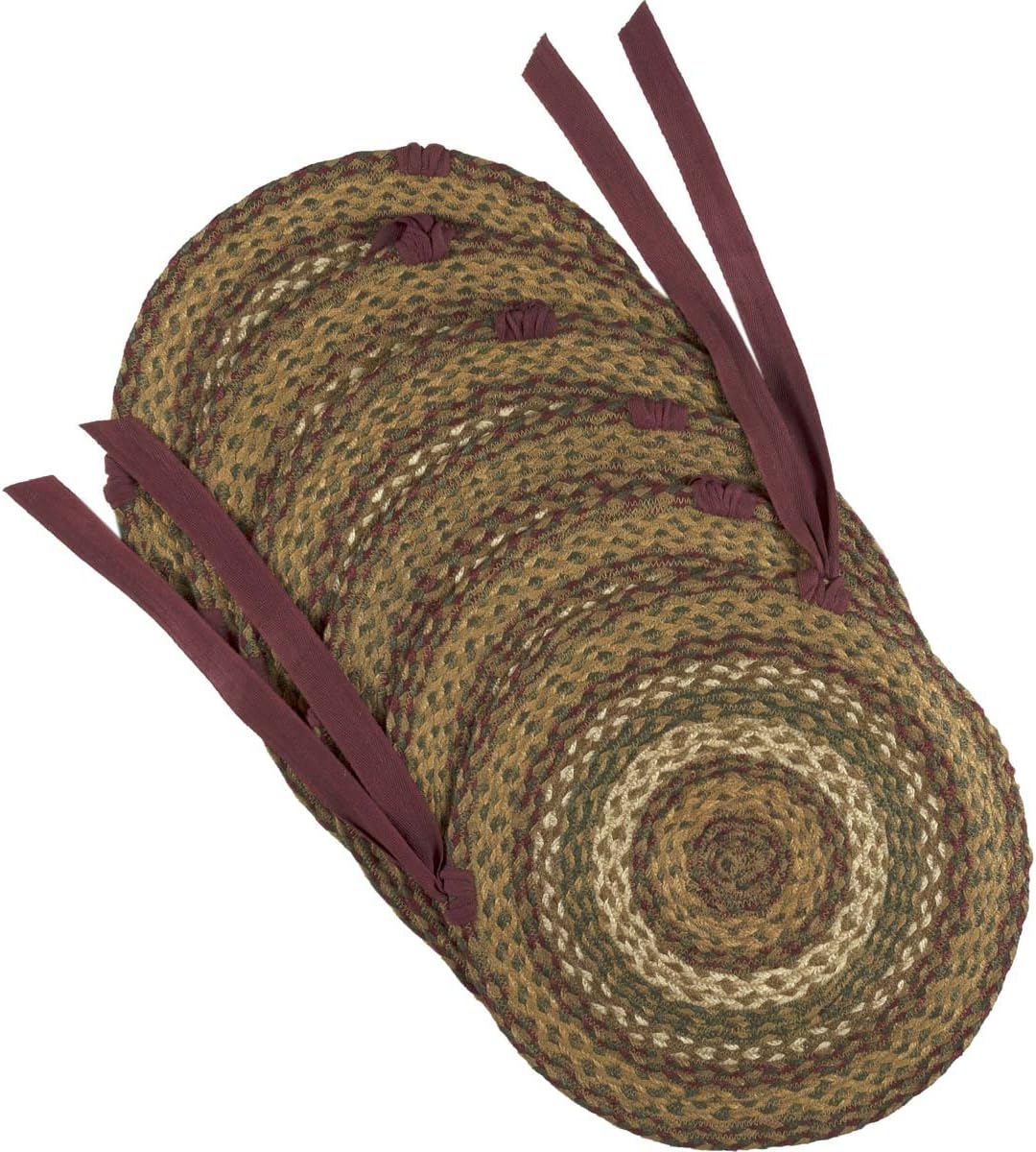 VHC Brands Tea Cabin Rustic Jute Green Textured Striped Round Kitchen Chair Pad Set of 6 15"
