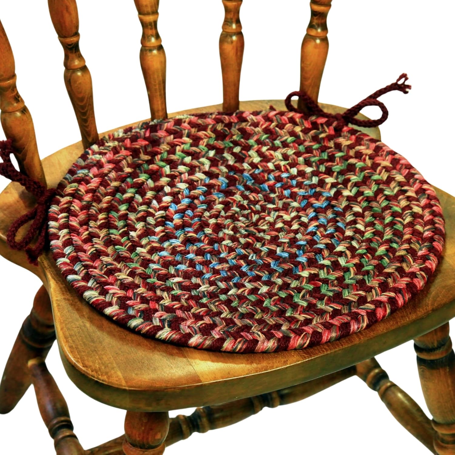 Rhody Rug Katie KA43 Burgundy 15" x 15" Chair Pad Set-of-4 - Round Chair Cushion with Ties for Round Shaped Patios, Dining Room Seat - Seat Cushions, Ideal as Home Decor - Made in USA