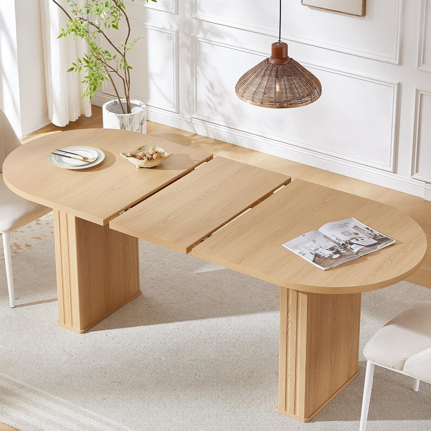 63-79 Inch Extendable Dining Table for 4-8 Oval Wood with Fluted Base