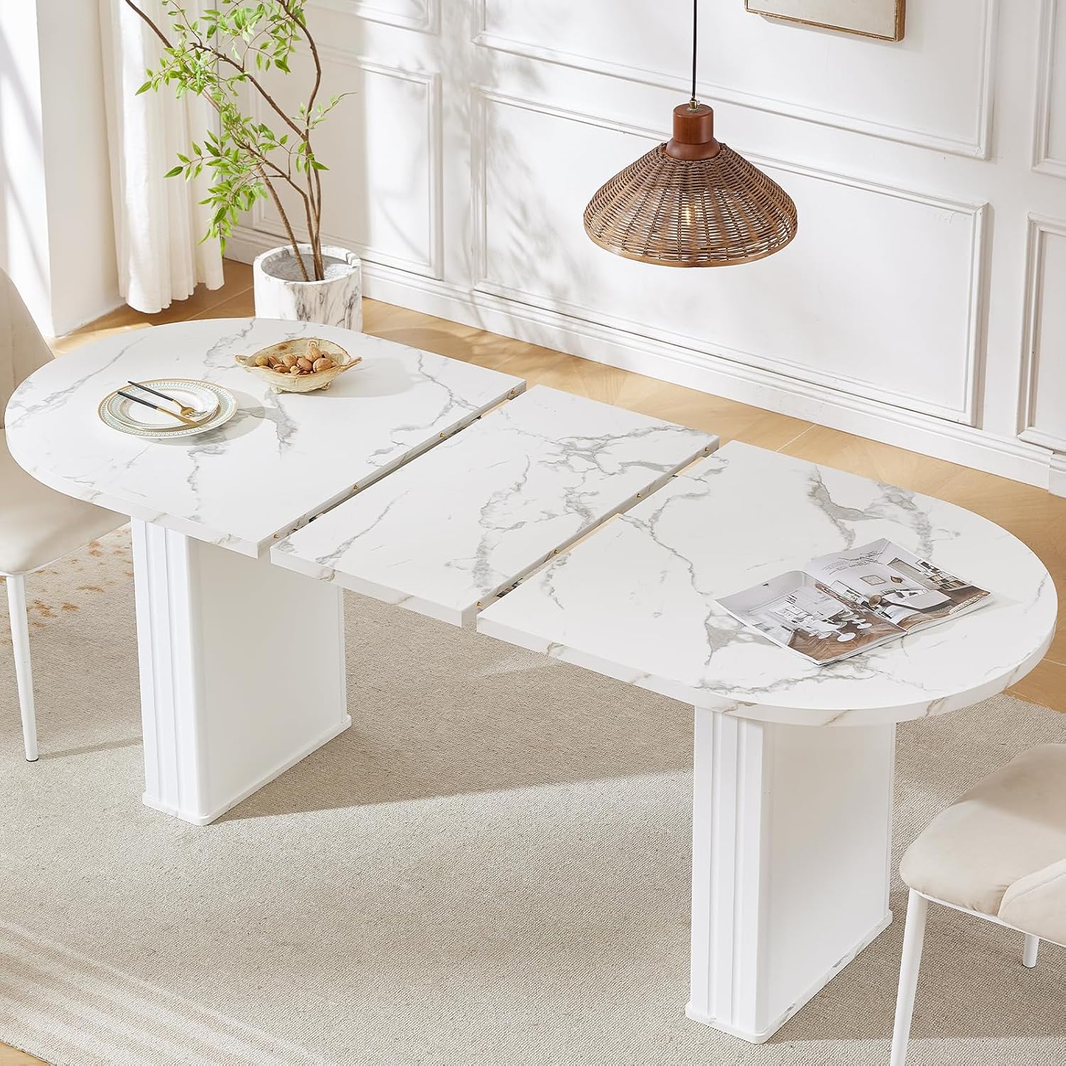 63-79 Inch Extendable Dining Table for 4-8 Oval Wood with Fluted Base