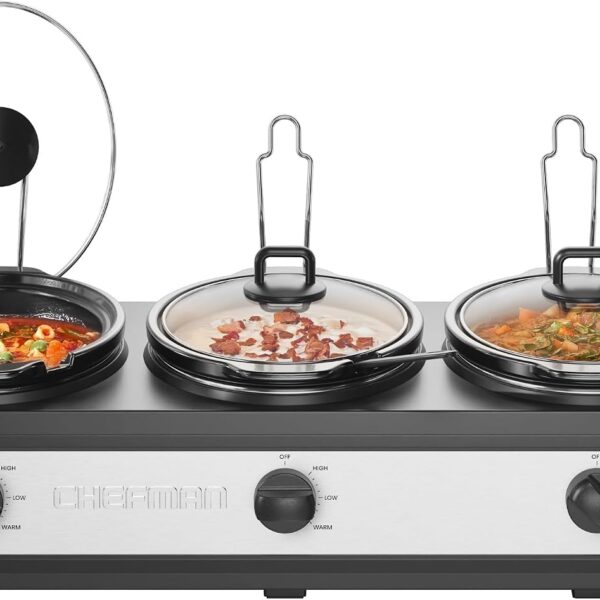Chefman Triple Slow Cooker: 7.5Qt Stainless Steel Buffet Server