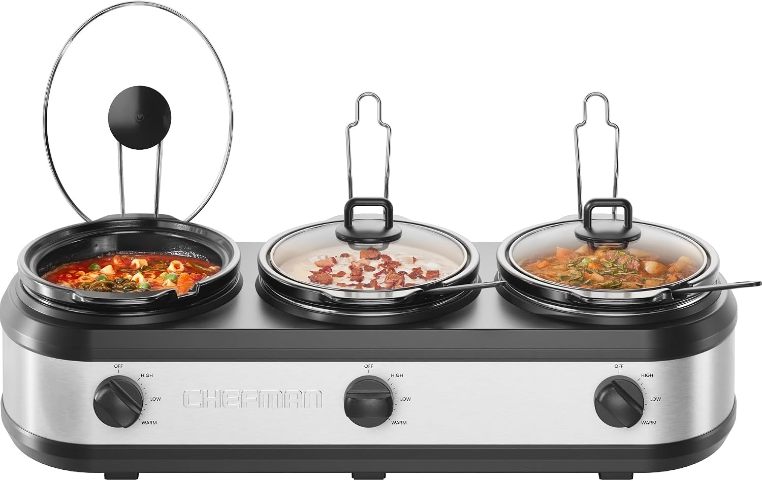 Chefman triple slow cooker featuring three 2.5-quart ceramic crocks on a stainless steel base.