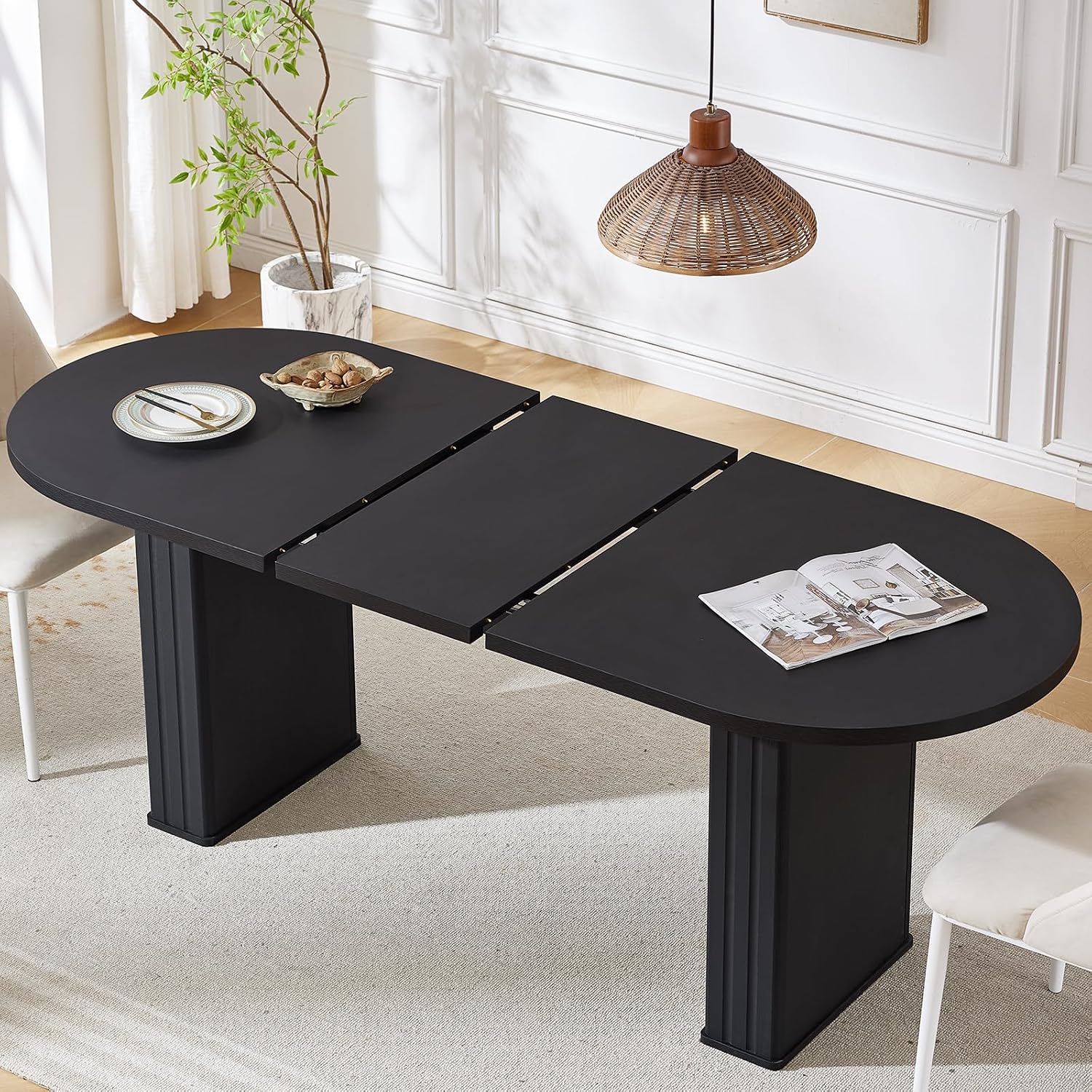 63-79 Inch Extendable Dining Table for 4-8 Oval Wood with Fluted Base