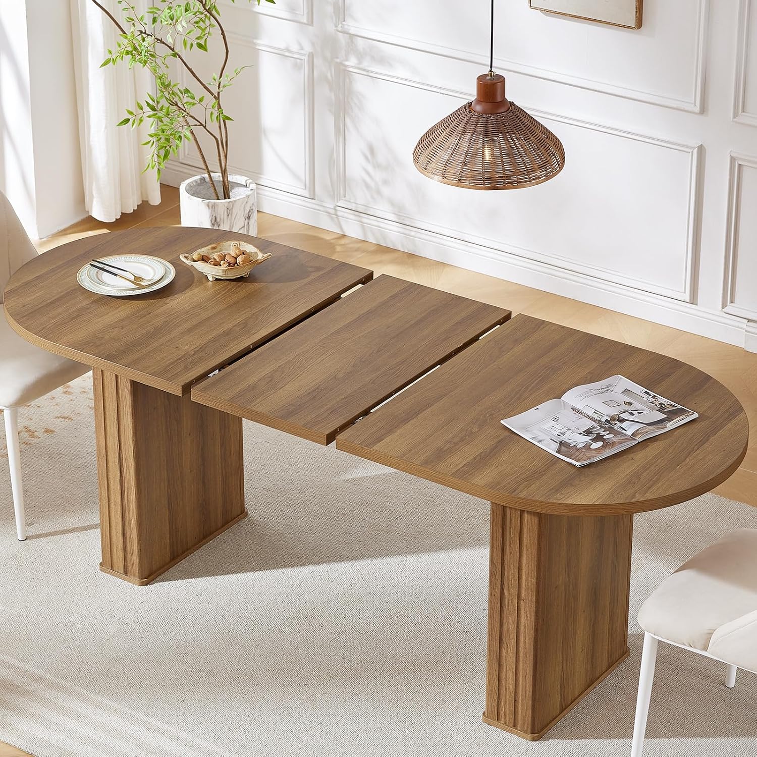 63-79 Inch Extendable Dining Table for 4-8 Oval Wood with Fluted Base