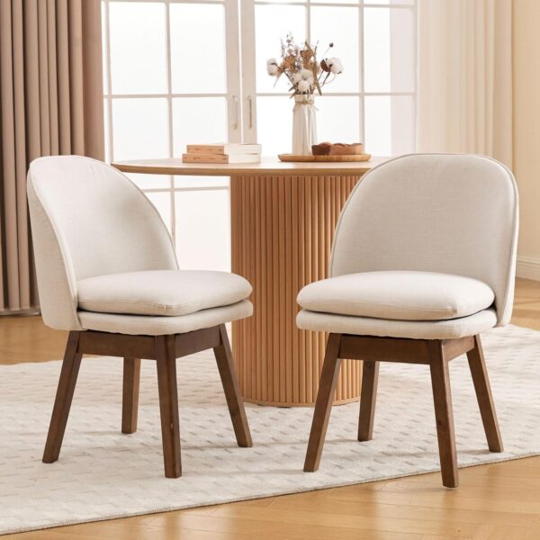 Swivel Dining Chairs Set of 2, Beige Linen Kitchen Chairs with Solid Wood Legs&Padded Back, Mid Century Modern Upholstered Dining Room Chair Armless Accent Chair for Kitchen/Restaurant