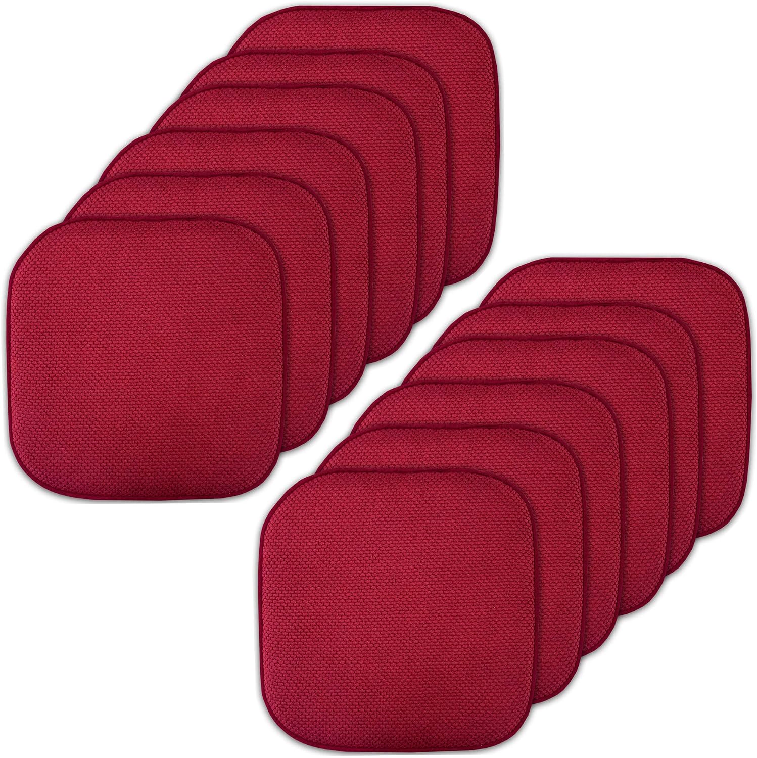 Sweet Home Collection Memory Foam Chair Cushion Honeycomb Pattern Solid Color Slip Non Skid Rubber Back Ultimate Comfort and Softness Rounded Square 16" x 16" Seat Cover, 12 Pack, Red