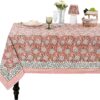 Dark Salmon Pink Hand Block Print Rectangle Tablecloth 108x60 Inch