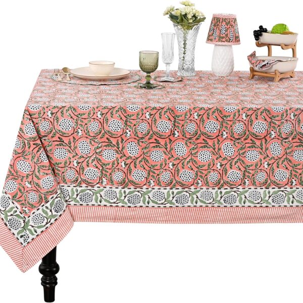 Dark Salmon Pink Hand Block Print Rectangle Tablecloth 108x60 Inch