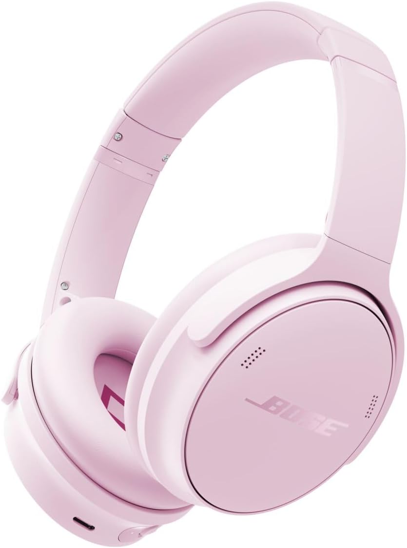 Front view of Bose QuietComfort noise cancelling headphones in limited edition Petal Pink finish.