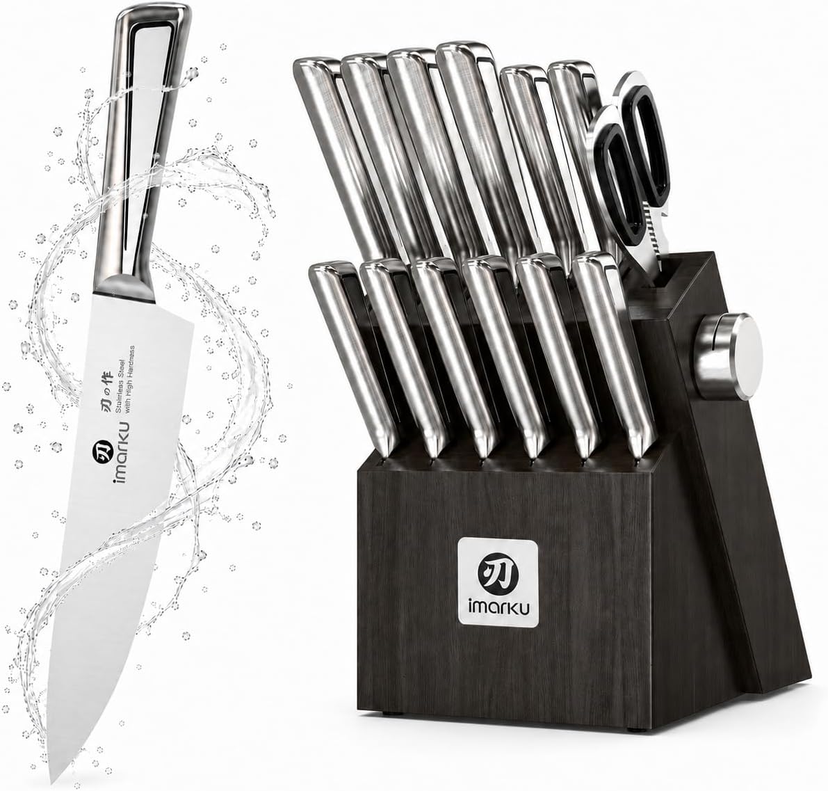 Full 14 piece knife set with block from imarku featuring a hardwood storage stand and integrated sharpener.