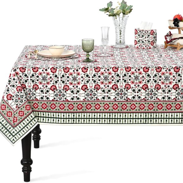 Apple Red and Green Hand Block Print Square Tablecloth 54x54 Inch