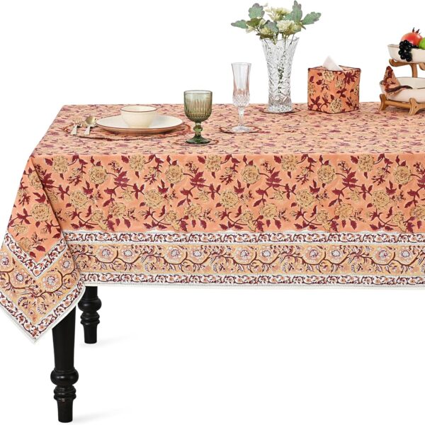 Apricot Rosette Wine Hand Block Print Square Tablecloth 54x54 Inch