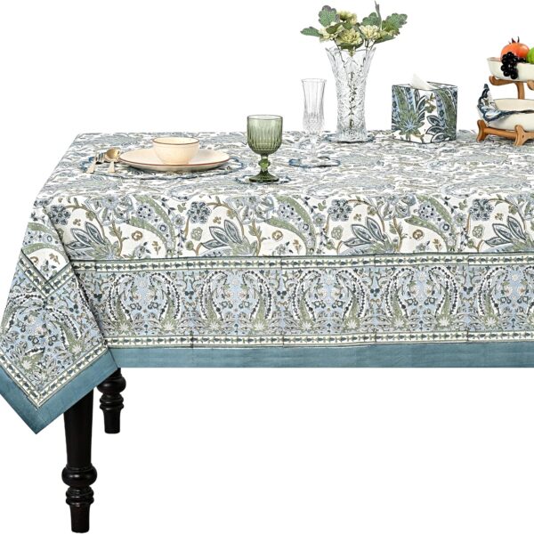 Asparagus Blue Paisley Hand Block Print Square Tablecloth 54x54 Inch