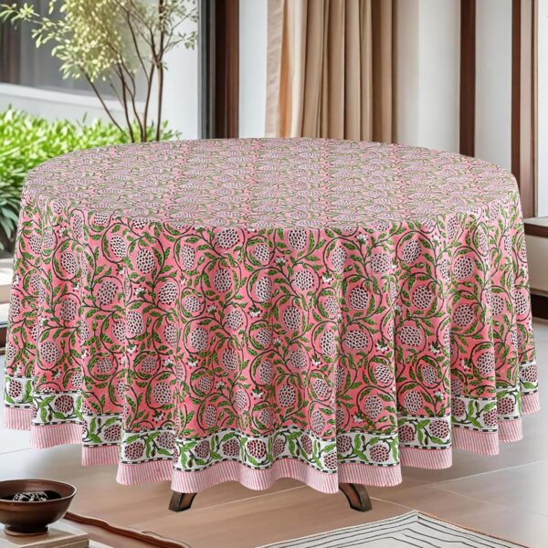Block Print Round Tablecloth Strawberry Pink 60 Inch 100% Cotton
