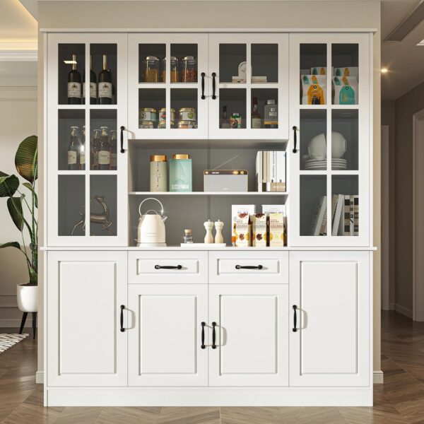 MU Kitchen Storage Cabinet with Glass Doors, Large China Hutch with 2 Drawers & 5 Adjustable Shelves, Kitchen Pantry Hutch for Home Office, Living Room, White (15.8" D x 63" W x 70.9H)