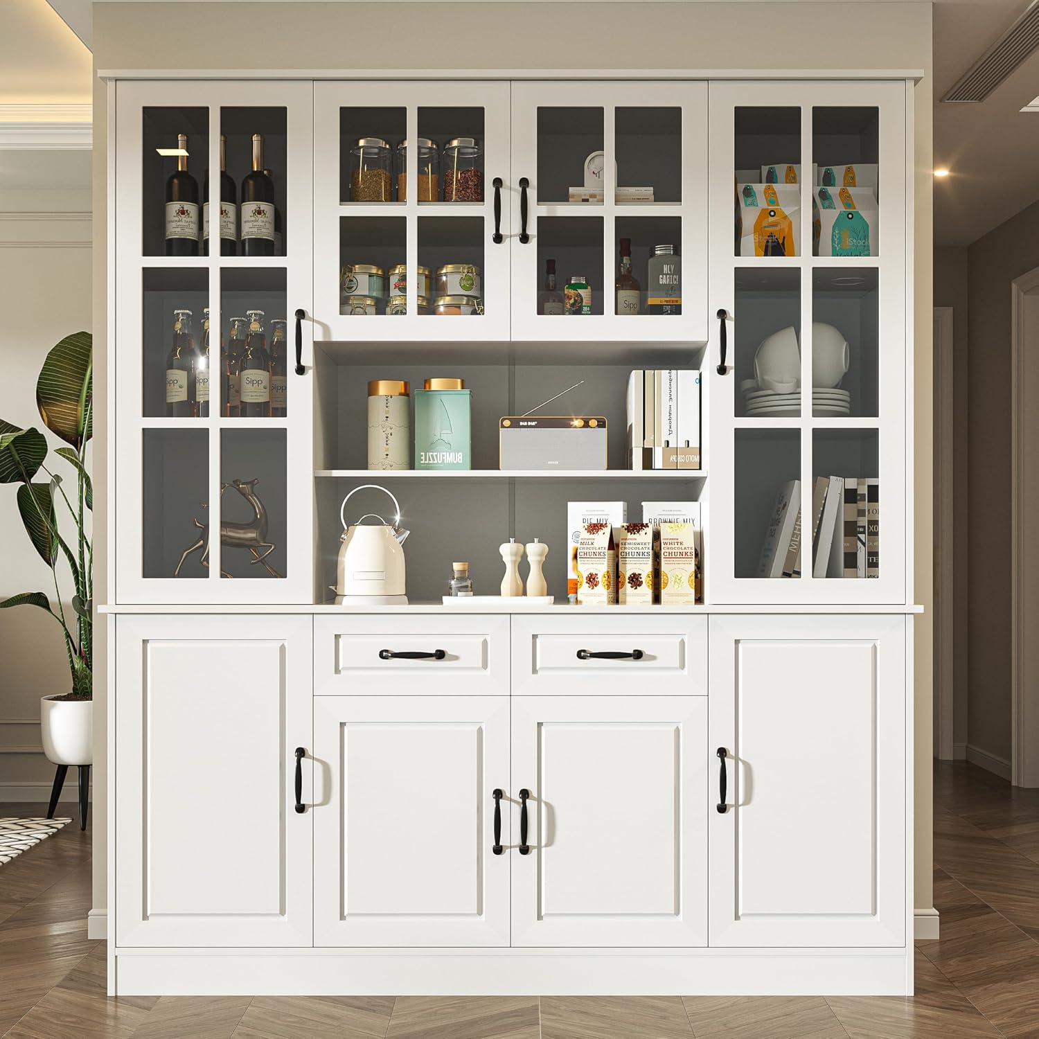 MU Kitchen Storage Cabinet with Glass Doors, Large China Hutch with 2 Drawers & 5 Adjustable Shelves, Kitchen Pantry Hutch for Home Office, Living Room, White (15.8" D x 63" W x 70.9H)
