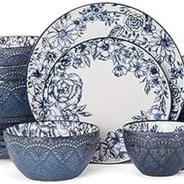 Pfaltzgraff Gabriela Blue 16-Piece Dinnerware Set, Service for 4, Durable Stoneware Plates, Bowls, and Mugs with Elegant Blue Pattern, Dishwasher Safe