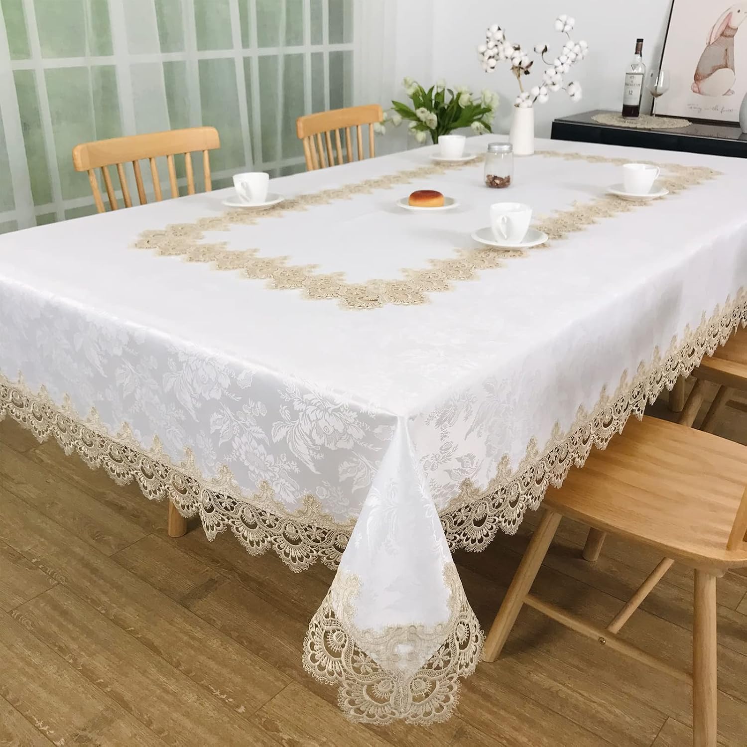 Lace Tablecloth Rectangle Fabric Washable Beige 72x126inch